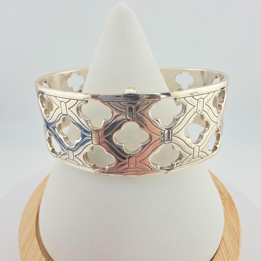 BRIGHTON 'Christo Toledo' Wide Cuff Bracelet Open Clover Etched Silver Plate 7"